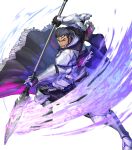  1boy armor attack beard black_cape black_hair blue_cape cape clenched_teeth facial_hair fire_emblem fire_emblem_engage fire_emblem_heroes gauntlets greaves highres holding holding_polearm holding_weapon mauvier_(fire_emblem) multicolored_cape multicolored_clothes non-web_source official_art open_mouth polearm purple_cape short_hair solo teeth v-shaped_eyebrows very_short_hair weapon 