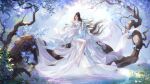  1girl absurdres bare_legs brown_hair dress facial_mark fog forehead_mark full_body grass hair_bun hair_ornament highres huhu_hujing long_hair looking_to_the_side lu_xueqi_(zhu_xian) lyre outdoors second-party_source sitting solo water white_dress zhu_xian 