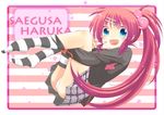  :d bad_id bad_pixiv_id blue_eyes hair_bobbles hair_ornament leg_hug legs_up little_busters! long_hair mitsugushi_yuu open_mouth purple_hair saigusa_haruka school_uniform side_ponytail smile striped striped_legwear thighhighs 