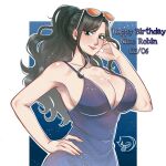 1girl anyumii136 black_hair blue_background blue_dress blue_eyes breasts character_name cleavage commentary cowboy_shot dress english_commentary eyewear_on_head hand_on_own_hip happy_birthday highres large_breasts looking_at_viewer nico_robin one_piece ponytail sidelocks signature smile solo 