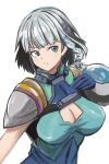  1girl artist_request blue_eyes braid breasts cleavage gloves grey_hair hair_ornament hairclip highres huge_breasts large_breasts looking_at_viewer seolla_schweizer short_hair side_braid solo super_robot_wars super_robot_wars_original_generation 