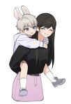  1boy 1girl aged_down animal_ears black_sweater blue_eyes carrying child closed_eyes cowboy_shot grey_footwear grey_hair highres hood hoodie long_hair love_and_deepspace piggyback protagonist_(love_and_deepspace) rabbit_ears short_hair skirt socks sweater teeth time_paradox upper_teeth_only white_hoodie white_socks wuliu_heihuo xavier_(love_and_deepspace) 