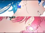  2girls aoi_tete artist_logo blue_eyes blue_hair braid close-up cure_prism cure_sky earrings green_eyes grin highres hirogaru_sky!_precure jewelry letterboxed light_particles looking_at_viewer magical_girl multiple_girls nijigaoka_mashiro pink_hair precure smile sora_harewataru 