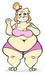  2019 3_toes 4_fingers aimbot-jones animal_crossing anthro belly big_belly big_breasts bra breasts canid canine canis cleavage clothed clothing deep_navel domestic_dog eyelashes female floppy_ears front_view hair half-closed_eyes hand_on_breast hyper hyper_belly isabelle_(animal_crossing) looking_at_viewer mammal midriff nintendo no_iris overweight overweight_female shih_tzu shorts smile solo standing thick_thighs toes underwear video_games waving wide_hips 