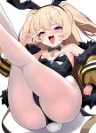  1girl :p absurdres alternate_costume animal_ears ass azur_lane bache_(azur_lane) bare_shoulders black_leotard blonde_hair blush breasts crossed_legs detached_collar fang fur-trimmed_jacket fur_trim hair_between_eyes half-closed_eyes hand_up highres igarashi_gozo jacket jacket_pull legs_up leotard long_hair looking_at_viewer loser_gesture naughty_face off_shoulder open_clothes open_jacket pantyhose playboy_bunny purple_eyes rabbit_ears rabbit_tail sitting small_breasts solo strapless strapless_leotard tail thighs tongue tongue_out very_long_hair yellow_jacket 