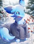 ambiguous_gender blue_body blue_eyes chillet clothed clothing daimonkisora dragon feral hi_res outside pal_(species) palworld pocketpair smile snow solo tail
