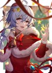  1girl absurdres alternate_costume bell blue_hair blurry blurry_background blurry_foreground bow bowtie brown_background capelet chinese_commentary christmas christmas_tree commentary_request detached_sleeves dress flower_knot fur-trimmed_capelet fur-trimmed_sleeves fur_trim ganyu_(genshin_impact) genshin_impact goat_horns hair_ornament highres horns light_blue_hair long_hair long_sleeves looking_at_viewer neck_bell open_mouth pink_eyes red_bow red_bowtie red_capelet red_dress red_ribbon ribbon santa_costume signature smile snowflake_print solo star_(symbol) star_hair_ornament vision_(genshin_impact) von_(657932285) 