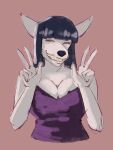 anthro black_hair breasts canid canine clothing dress eyes_closed female fox fox_spirit gesture hair hand_gesture hi_res mammal miki_(pppanth) pppanth purple_clothing purple_dress salmon_background simple_background smile solo teeth v_sign