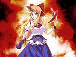  bow breasts chain cup fal_(falketto) fusion gourd hair_bow horn hoshiguma_yuugi ibuki_suika large_breasts long_hair long_skirt orange_eyes orange_hair plate sakazuki skirt smile solo touhou 