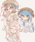  3girls arm_up blue_eyes blue_hair bow bow_hairband brown_hair brown_headwear closed_eyes closed_mouth color_guide commentary food_in_mouth hair_bow hairband hat highres inkling_girl inkling_player_character long_hair looking_at_viewer multiple_girls open_mouth pink_hair pointy_ears simple_background splatoon_(series) symbol-only_commentary tentacle_hair thick_eyebrows white_background white_bow white_hairband yawning yellow_eyes yksb_inc6 