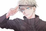  1boy arm_up artist_name black_blindfold black_jacket blindfold blindfold_lift blue_eyes closed_mouth gojou_satoru high_collar highres jacket jujutsu_kaisen jujutsu_tech_uniform male_focus mar_(march_jjt) salute short_hair simple_background solo two-finger_salute upper_body white_background white_hair 