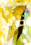  1boy abstract_background basil_(faraway)_(omori) basil_(headspace)_(omori) basil_(omori) blonde_hair blue_eyes camera commentary english_commentary eyes_in_shadow flower glowing glowing_eye green_hair hair_flower hair_ornament hands_up happy_birthday highres holding holding_camera horror_(theme) kmkmkmkm looking_at_viewer male_focus omori page_tear revealing_layer short_hair smile solo upper_body white_eyes yellow_background yellow_theme 