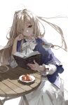  1girl absurdres blonde_hair book brown_eyes cup dino_(dinoartforame) elbow_rest expressionless food fruit hair_over_one_eye highres holding holding_cup long_hair looking_at_viewer plate sense_(sousou_no_frieren) simple_background solo sousou_no_frieren table tea teacup white_background wooden_table 