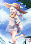  1girl ;p beach belt blue_eyes blue_sky cellphone closed_mouth cloud cloudy_sky denim denim_shorts flower hat holding holding_swim_ring honkai_(series) honkai_impact_3rd innertube leg_up linlingling long_hair looking_at_viewer navel one_eye_closed outdoors phone sandals shorts sky smile solo starfish stomach straw_hat summer sunflower swim_ring theresa_apocalypse theresa_apocalypse_(valkyrie_pledge) tongue tongue_out water white_hair 