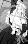  1girl absurdres arm_up armpits black872233196 bleach blush breasts cleavage collarbone commentary covering_breasts covering_privates fingernails greyscale highres japanese_clothes jewelry kimono large_breasts lips long_hair long_sleeves looking_at_viewer lying matsumoto_rangiku mole mole_under_mouth monochrome necklace on_back open_clothes parted_bangs parted_lips shinigami smile solo wide_sleeves 