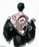  1boy absurdres aphelios ass back back_tattoo bare_shoulders black_hair black_robe from_behind highres league_of_legends male_focus median_furrow mylilmooncake robe short_hair shoulder_blades signature simple_background tattoo undressing 