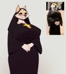 anthro big_breasts biped blush breasts canid canine canis clothed clothing cross cute_fangs domestic_dog female fully_clothed fur grey_background hands_together hi_res mammal nipple_outline nun_outfit reference_image samma simple_background smile solo yellow_body yellow_fur