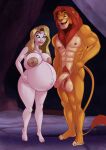 abs absurd_res anthro blonde_hair breasts cave disney duo el-loko felid feline female flaccid fur genitals hair hi_res human lion looking_at_genitalia looking_at_penis male male/female mammal muscular muscular_anthro muscular_male nipples nude pantherine penis pregnant red_body red_fur red_hair simba_(the_lion_king) smile standing tail the_lion_king