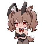  1girl :t angelina_(arknights) animal_ear_fluff animal_ears arknights arms_under_breasts bare_shoulders black_hairband black_leotard blush bow breasts brown_hair brown_pantyhose chibi cleavage closed_mouth collar detached_collar fake_animal_ears hair_between_eyes hairband leotard lxjun_09 medium_breasts nose_blush pantyhose playboy_bunny pout rabbit_ears red_bow red_eyes simple_background solo squiggle strapless strapless_leotard tail twintails white_background white_collar wing_collar wrist_cuffs 