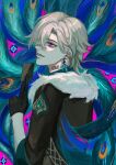  1boy absurdres aqua_shirt aventurine_(honkai:_star_rail) black_gloves black_jacket blonde_hair card earrings fur_trim gloves highres holding holding_card honkai:_star_rail honkai_(series) jacket jewelry male_focus neck_tattoo playing_card shirt short_hair solo tattoo tubakkkki65 