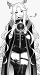  1girl absurdres animal_ear_piercing animal_ears arknights cloak commentary_request deer_ears deer_girl dot_nose dress floating floating_object gitano_(arknights) head_tilt highres infection_monitor_(arknights) light_smile looking_down monochrome orb parted_bangs solo suika_aji thigh_strap thighhighs translation_request 