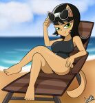 2024 accessory anthro beach beach_chair black_hair clothing colored crossed_legs domestic_cat eyewear feet felid feline felis female green_eyes hair hair_accessory hairband hi_res kitty_katswell looking_at_viewer luckster1234 lying mammal nickelodeon one-piece_swimsuit outside sea shaded signature smile solo sunglasses swimwear t.u.f.f._puppy tan_body water