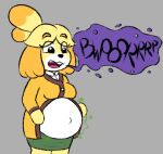 animal_crossing anthro belly black_nose blonde_hair bottomwear buckteeth burp_cloud burping canid canine canis clothing domestic_dog extended_sound_effect female fur green_bottomwear green_clothing green_skirt hair isabelle_(animal_crossing) jadebbutts mammal navel nintendo open_mouth outie_navel rumbling_stomach shih_tzu skirt solo sound_effect_variant sound_effects sweater teeth topwear toy_dog white_body white_fur yellow_body yellow_fur