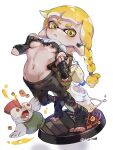  1girl agent_3_(splatoon_3) artist_name bandaged_hand bandages black_footwear black_pants blonde_hair blush braid breasts commentary crop_top groin highres inkling_girl inkling_player_character long_hair low-tied_long_hair medium_breasts navel open_mouth pants parted_lips pointy_ears shirt side_braid simple_background single_braid smallfry_(splatoon) splatoon_(series) splatoon_3 tentacle_hair thick_eyebrows toes torn_clothes torn_shirt twitter_username very_long_hair white_background yellow_eyes yksb_inc6 