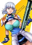  1girl artist_request blue_eyes braid breasts cleavage gloves grey_hair hair_ornament hairclip huge_breasts large_breasts looking_at_viewer seolla_schweizer short_hair side_braid solo super_robot_wars super_robot_wars_original_generation 