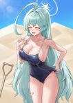  1girl absurdres abydos_high_school_swimsuit ahoge bare_arms bare_legs bare_shoulders black_one-piece_swimsuit blue_archive blush breasts cleavage closed_eyes collarbone cowboy_shot day desert fingernails green_hair groin halo highres huge_ahoge huge_breasts ilbanseomin long_hair one-piece_swimsuit open_mouth outdoors school_swimsuit smile solo swimsuit yellow_halo yume_(blue_archive) 