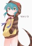  1girl blue_hair blush bow bowtie character_name cowboy_shot green_eyes hair_between_eyes hands_in_pockets highres hood hood_up hoodie kemono_friends long_sleeves looking_at_viewer nyctereutes pink_bow pink_bowtie print_hoodie short_hair sidelocks snake_girl snake_print snake_tail solo tail translated tsuchinoko_(kemono_friends) yellow_hoodie 
