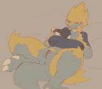 anthro anus barely_visible_anus biped bottomless breasts clothed clothing female fur gaming generation_3_pokemon genitals hi_res lazybracket manectric nintendo nintendo_switch nipple_outline playing_videogame pokemon pokemon_(species) pussy solo tail yellow_body yellow_fur