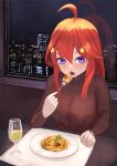  1girl ahoge blue_eyes breasts cityscape commentary_request cup eating food fork go-toubun_no_hanayome gomashiwo_o hair_between_eyes hair_ornament holding holding_fork large_breasts long_hair looking_at_viewer nakano_itsuki night night_sky open_mouth pasta plate red_hair restaurant sitting sky solo star_(symbol) star_hair_ornament table window 