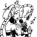  bare_shoulders breasts cleavage closed_eyes detached_collar detached_sleeves greyscale hair_over_one_eye leviathan_(skullgirls) long_hair medium_breasts microphone monochrome music musical_note side_ponytail singing skull skullgirls solo squigly_(skullgirls) striped_sleeves xuunies zombie 