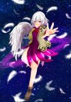  1girl coat covering_own_mouth dress falling_feathers feathered_wings feathers hand_over_own_mouth highres kishin_sagume looking_at_viewer purple_dress red_eyes shee_take single_wing solo space touhou white_coat white_hair wings 