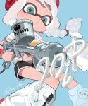  1girl aerospray_(splatoon) aqua_eyes artist_name black_shorts blue_background blue_hair braid commentary_request gradient_hair gun headphones highres holding holding_gun holding_weapon inkling_girl inkling_player_character long_hair multicolored_hair parted_lips print_shirt shiohi shirt shoes short_shorts shorts simple_background single_braid solo splatoon_(series) splatoon_3 teeth tentacle_hair twitter_username two-tone_hair weapon white_footwear white_hair white_shirt 