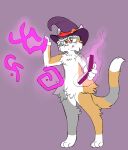 absurd_res anthro arcanis_(hahaluckyme) book calico_cat chest_tuft clothing crisstail domestic_cat felid feline felis fur grey_body grey_fur hair hat hat_only headgear headgear_only headwear headwear_only hi_res holding_book holding_object magic_runes magic_user male mammal mostly_nude purple_background red_eyes simple_background solo standing tuft white_body white_fur white_hair yellow_body yellow_fur