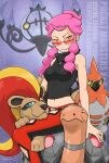  1girl bare_arms bare_shoulders bird black_pants black_tank_top breasts chandelure character_name ghost hair_bun lion malva_(pokemon) medium_breasts midriff orange-tinted_eyewear pants pink_hair pokemon pokemon_(creature) pokemon_xy pyroar pyroar_(female) red_eyes red_pants sidelocks single_hair_bun sunglasses talonflame tank_top tinted_eyewear torkoal turtle two-sided_pants wackybee 