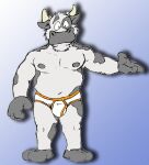 anthro barefoot benedict_(brucebadger) black_body black_fur blue_background bovid bovine briefs briefs_only brucebadger cattle clothed clothing colored_seam_underwear detailed_background feet fur gradient_background green_eyes grey_body grey_fur male mammal markings navel nipples orange_seam_briefs orange_seam_underwear simple_background solo spots spotted_markings tighty_whities topless underwear underwear_only white_briefs white_clothing white_underwear