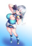  1girl blue_eyes blush braid breasts c.r. cleavage gloves grey_hair hair_ornament hairclip highres huge_breasts large_breasts looking_at_viewer seolla_schweizer short_hair side_braid solo super_robot_wars super_robot_wars_original_generation 