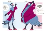 2024 anthro beak before_and_after clothing demon dialogue dragontzin feathers featureless_crotch footwear glowing glowing_eyes half-closed_eyes helluva_boss hi_res male narrowed_eyes obese obese_anthro obese_male open_mouth overweight overweight_anthro overweight_male raised_arms red_eyes robe robe_only shoes signature slippers solo speech_bubble stolas_(helluva_boss) tail tail_feathers text weight_gain