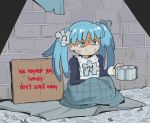  1girl begging blue_eyes blue_hair bruise bruise_on_face crying dirty dirty_clothes dirty_face homeless injury long_hair panhandling personification poverty psicochurroz puzzle_piece_hair_ornament spotlight tears twintails wikipe-tan wikipedia 