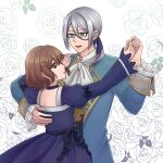  1boy 1girl ascot blue_dress blue_eyes bow brown_eyes dancing dress dress_bow erhart_hawk floral_background formal glasses gold_trim grey_hair hair_between_eyes hair_ornament hair_ribbon hairclip holding_hands kushi_tsuki long_hair long_sleeves looking_at_another misono_aira puffy_long_sleeves puffy_sleeves ribbon seijo_no_maryoku_wa_bannou_desu white_ascot 