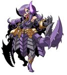  armor armored_dress bare_shoulders boots bracer breasts claws demon_girl elbow_gloves faulds full_body gloves hair_over_one_eye high_heels horns jewelry long_hair matsuda_yuusuke medium_breasts necklace nise_maou_kanizeru purple_eyes purple_hair sharp_teeth shoes solo teeth tongue tongue_out yuusha_to_maou 