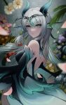  1girl bare_shoulders breasts closed_mouth detached_sleeves dragon_girl dragon_horns dragon_wings erbium flower green_eyes grey_hair highres horns looking_at_viewer medium_breasts multicolored_hair original solo streaked_hair symbol-shaped_pupils wings 