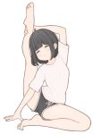  1girl 1ssakawaguchi absurdres barefoot black_hair black_shorts blush bob_cut closed_eyes closed_mouth dolphin_shorts highres ichika_(1ssakawaguchi) leg_grab leg_up original shirt short_hair short_sleeves shorts simple_background stretching thighs white_background white_shirt 