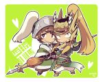  2boys blonde_hair bright_pupils brown_eyes brown_hair brown_pants chibi chibi_only closed_mouth cross eyelashes facial_hair full_body glint goatee_stubble green_background heart holding holding_polearm holding_weapon kotorai ma_chao ma_dai multiple_boys no_nose pants polearm shin_sangoku_musou smile stubble weapon white_pants white_pupils yaoi 