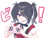  1girl ame-chan_(needy_girl_overdose) black_hair black_ribbon closed_mouth collared_shirt emoji frown furrowed_brow hair_ornament hair_over_one_eye hands_up holding holding_stuffed_toy kabe_(zp66104) long_hair looking_at_viewer neck_ribbon needy_girl_overdose pien_cat_(needy_girl_overdose) pleading_face_emoji pout red_shirt ribbon shirt simple_background solo stretching stuffed_animal stuffed_cat stuffed_toy suspenders tearing_up translation_request twintails upper_body white_background x_hair_ornament 