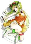  bad_id bad_pixiv_id boots garters goggles goggles_on_head green_eyes green_hair gumi headphones looking_at_viewer microphone navel noki_(potekoro) short_hair skirt smile solo thighs vocaloid 