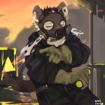  1boy arknights black_eyes black_jacket black_pants character_name collar dated furry furry_male gas_mask gloves grey_gloves highres holding hood hooded_jacket hyena_boy jacket long_sleeves male_focus mask outdoors p7ywirzyw8lesuc pants pointing smoke solo spot_(arknights) 